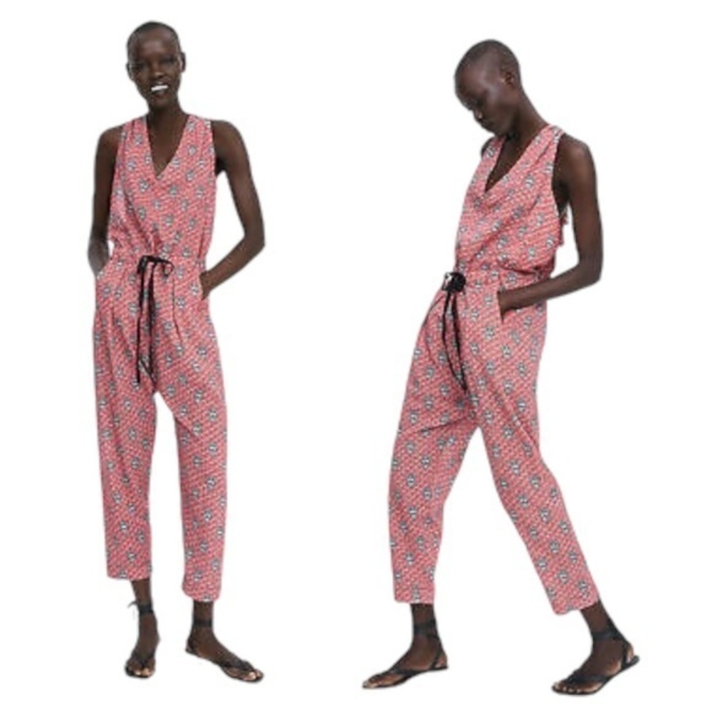 Zara Floral Print Relaxed Elastic Waistline Jumpsuit in Red & Blue